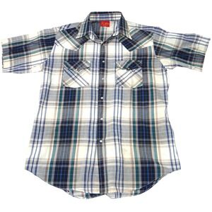 ELY PLAINS Mens Plaid Western Shirt‎ Short Sleeve Pearl Snap Size M